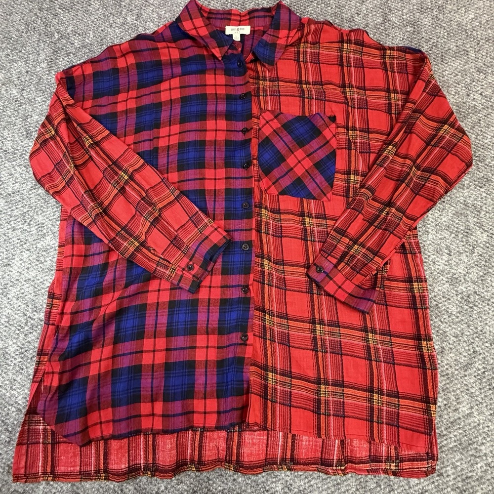 Umgee Multicolor Button Down Color-block Plaid Top Large Casual Artsy Boho